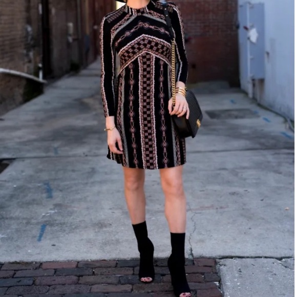 Free People Stella Graphic Long Sleeve Mini Dress M Zip Back Geometric MockNeck - Picture 5 of 15